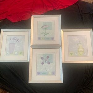 New - 4 Delightful Dais Flower Wood Framed Pictures